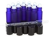 New 10ml Cobalt Blue Glass Roll-on Empty Refillable Bottles with Black Cap Perfect for Aromatherapy Perfumes Essential Oils Lip Gloss and More, Comes with One 3ml Plastic Dropper, Pack of 12