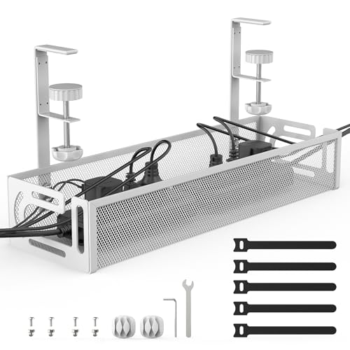 Under Desk Cable Management Tray No Drill, Metal Mesh Cable Tray with Clamp for Desk Wire Management, Desk Cable Management Box and Cord Organizer for Office, Home (White)
