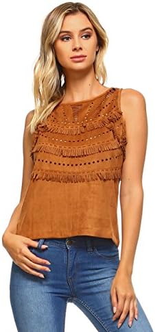 Marcelle Margaux Women's Apache Indian Style Suede Fringe Coachella Tank Top (Large, Camel)