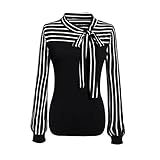 Goddessvan Women Casual Tie-Bow Neck Striped Long Sleeve Splicing Shirt Blouse (M, Black)