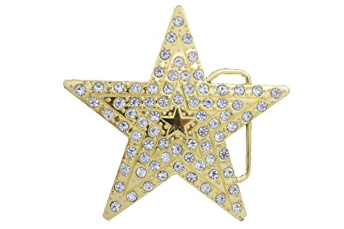 TFJ Men Women Belt Buckle Fashion Metal Texas Star Rhinestones Bling Gold Color