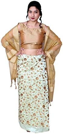 Women's Malabari Sequin & Zari Work Wrap Around Skirt with Blouse and Dupatta, Free Size, Pista Green