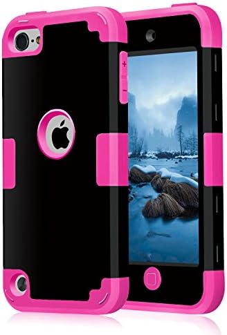 iPod touch5 case, iPod touch6 case, (TPU+ Silicone) Anti-slip Shockproof Dustproof slim and stylish protective case for Apple iPod touch 5 6th Generation (Black+Hot pink)