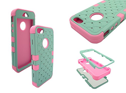 iPhone 5 Diamond Case, Nue Designs TM Cute Bling Rugged High Impact Hybrid Diamond Soft Silicone Hard Skin Case Cover iPhone 5/5s (MINT/PINK)