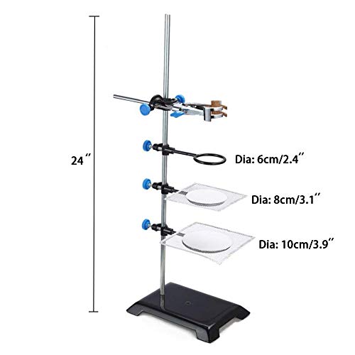 Lab Stand Research Starter Kit Laboratory Grade Metalware Set 24" Rod, 8"x5" Retort Base, Burette Test Tube Clamp,3 Support Rings