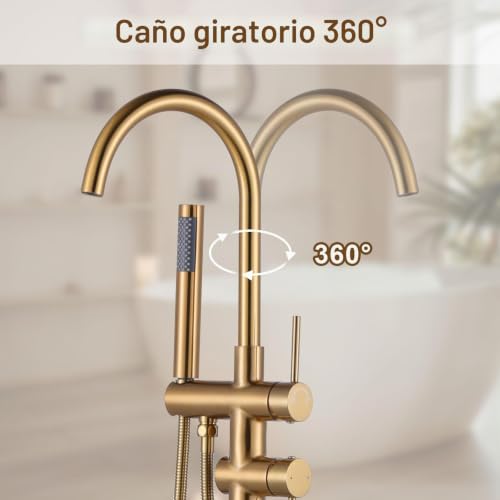 ARCORA Floor Bathtub Faucet with Shower, Independent 360° Swivel Bath Tap, Copper and Stainless Steel, Ceramic Cartridge, 2 Handling Modes, Floor Installation, Gold