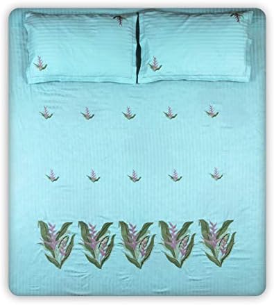Our Linen Closet 300 TC, 100% Cotton, Bird of Paradise Embroidery on Sea Green Self Striped Fabric 1 Super King Size Embroidered 108 * 108 inch Bed Sheet, 18 * 27 inch 2 Pillow Covers 310824