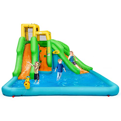 BOUNTECH Inflatable Bounce House, Mighty Water Pool with Two Slides, Climbing Wall, Basketball Rim, Splash Pool, Water Cannon, Including Oxford Carry Bag, Repairing Kit, Stakes, Hose (Without Blower)
