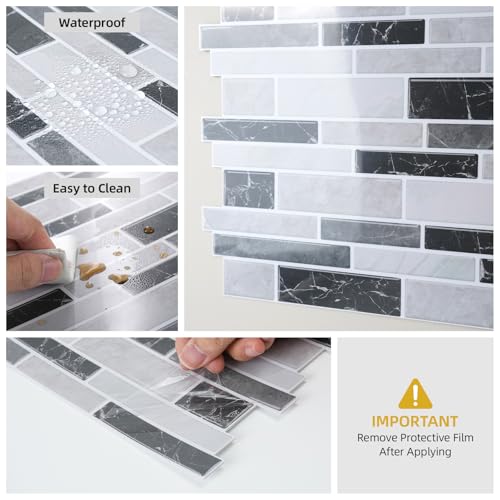 Vieshful 10 Pieces Adhesive Kitchen Tiles 30 x 30 cm, Self-Adhesive PVC Marble Effect Tiles, Kitchen and Bathroom Splash Protector, Wall Cladding Without Works Marble Black-Grey
