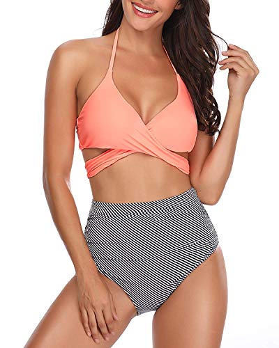BeachQueen Women Swimsuit Halter Bandage Wrap Bikini Ruched High Waist  Swimwear - Main Image