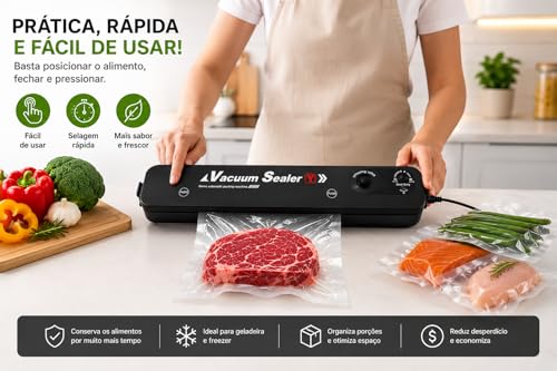 Seladora a Vácuo para Alimentos Vacuum Sealer, Máquina Compacta Automática para Embalar Carnes, Legumes, Frutas, Grãos e Porções para Geladeira e Freezer