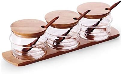 NFASHIONSO Glass Seasoning Box w/Lids & Spoons on Bamboo Sampler Serving Tray, Set of 3
