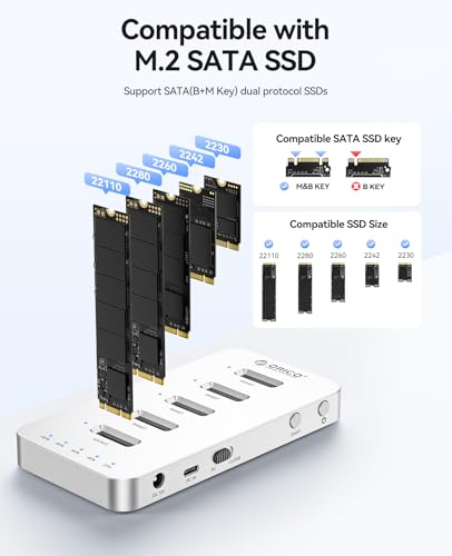 ORICO Caja de Clonación para SSD M.2 SATA, Estación de Acoplamiento de Aluminio con 5 Bahías para Discos Duros, Estación de Clonación sin Conexión USB 3.0 para SSD M.2 2230/2242/2260/2280/22110 - M55