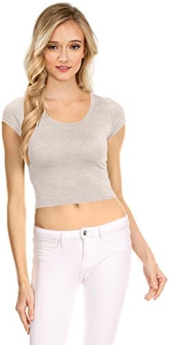 Womens Basic Short Sleeve Scoop Neck Crop Top - USA, T1029, XX-Large, Heather Grey