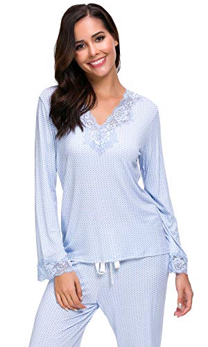 Jusfitsu Womens Cotton Pajamas Set Long Sleeve Top Shirt with Pants Sleepwear Modal Soft Loungewear Lace Pattern M