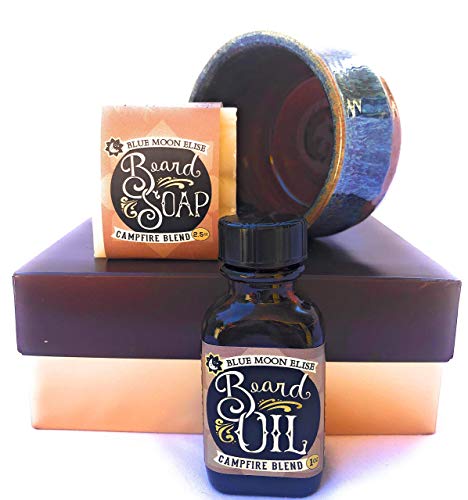 Handmade Pottery Shaving Bowl and Beard Care Kit,| Premium Shave and Beard Oil Conditioner and handcrafted Soap with 100% all natural ingredients. Great Father's Day and Men's Gift!