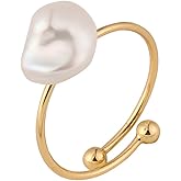 LOOYUUPEE Natural Freshwater Baroque Pearl Ring for Women, Dainty Minimalist Adjustable Rings Band Gold Pearl Charm Ring Jewelry for Mom Lover Her (14K Gold Plated)