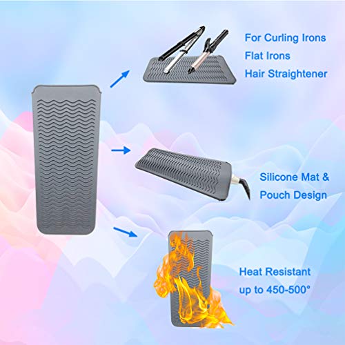 Heat Resistant Silicone Mat Pouch and Hair Clips, Lessmon Hair Styling Tools for Curling Irons, Hair Straightener, Flat Irons, Height 11.5 & Width 6 Inches, Food Grade Silicone, Gray+Pink