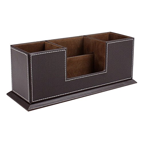 UnionBasic PU Leather 4 Compartment Desk Organizer Card/Pen/Pencil/Mobile Phone Office Supplies Holder Collection Desktop Organizer (Coffee)
