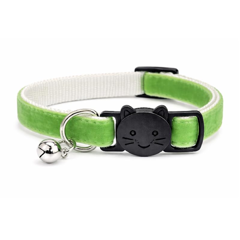 Velvet Cat Collars with Bell | Quick Safety Release Breakaway Buckle | Handmade in the UK | Available in Cat & Kitten Size | Apple Green — image 1