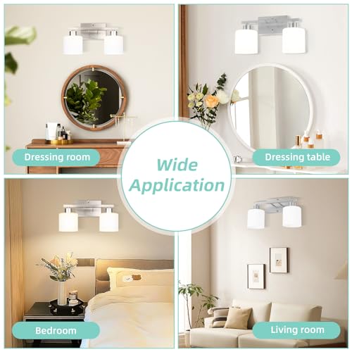 SILAMPDI Bathroom Light Fixtures Silvery, Vanity Lights for Bathroom 2-Light, Wall Sconces Lamp for Bedroom, Hallway, Milky White Glass Shades, E26 Base 60W MAX, Bulbs Not Included