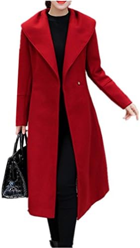 QINGYUAN Women's Elegant Belt Wool Coats Long Winter Thich Trenches Red 1X