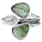 LYRA JEWELS Real Crystal Moldavite Herkimer Diamond Ring Sterling Silver Czech Republic Herkimer Moldavite Ring For Women Natural Raw Tektite Healing Stone Jewelry Gift For Her (7)