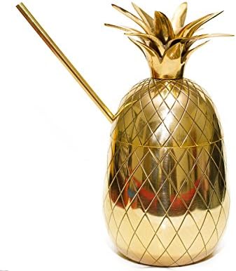 Om Creation 20oz Brass Pineapple Mug, Pineapple Cocktail Mug with Straw / Pineapple decor / Pineapple Tumbler /Handcrafted Brass Pineapple Moscow Mule Mug (Brass 20 Oz)