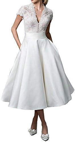 RightBride Ivory Women's Double V-Neck Short Sleeve Tea Length A-Line Wedding Bride Dresses 2017 (02)