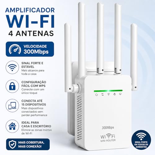 Repetidor Wi-Fi 300Mbps 4 Antenas com WPS para Rede 2.4GHz | Amplificador Extensor de Internet