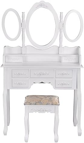 Ihouse Makeup Table Sets With 7 Storage Drawers Stool Set 3 Mirror,White