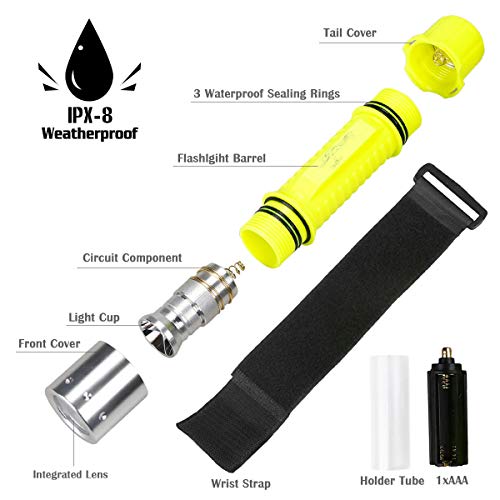 HeCloud 2 Pack LED XM-T6 Professional Diving Flashlight with Battery Charger, Bright LED Submarine Light Scuba Safety Lights Waterproof Underwater Torch for Outdoor Under Water Sports (Yellow) - Thumbnail 4