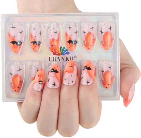 EBANKU Halloween 32Pcs Short Press On Nails French Tip Alomd Fake Nails with Cute Bats Pattern Designs Full Cover Glossy Acrylic Nails for Women