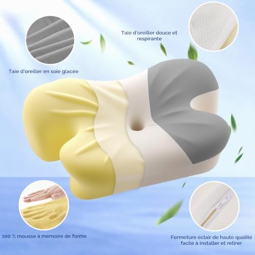 Oreiller Ergonomique Cervical pour Soulager Les Douleurs (Gris et Blanc)