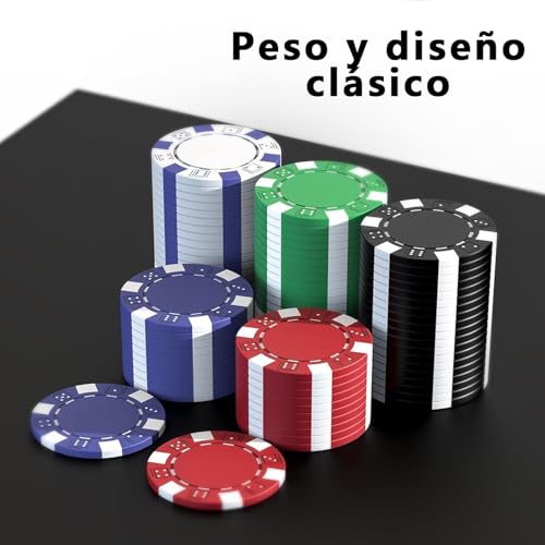 Rantuia Fichas Poker, Juego de Póquer de 300 Piezas, 5 Dados, 2 Barajas de Cartas Viene con Estuche de Transporte de Aluminio, Fichas de Poker Apto para Adultos y Niños a Partir de 8 años.