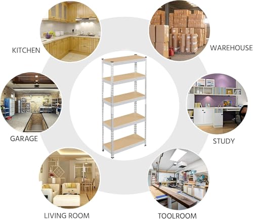 Beauenty Storage Shelves,Metal Shelves,Storage Rack 180cm, 5 Layers (80 KG Loading Capacity Per Shelf) Metal Storage Rack Height Adjustable Storage Shelves(White, B)