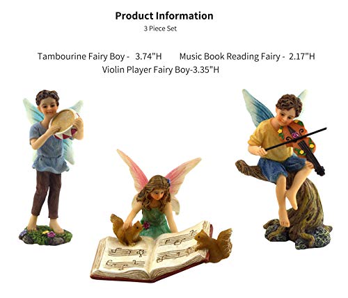 PRETMANNS Fairy Garden Fairies - Miniature Accessories - 2 Boy Fairies Playing Musical Instruments & Fairy Reading a Music Book - 3 Pieces