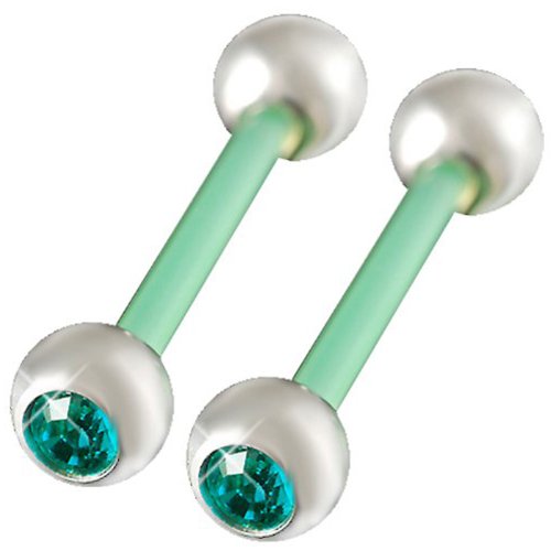 14g Gauge 5/8 16mm Green Flexible Acrylic Tongue bar Nipple Barbell 5mm Stainless Steel Balls Blue Zircon Piercing 2Pcs ALST