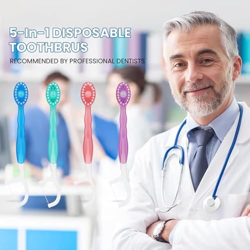 Mini Disposable Toothbrushes - 5 in 1 Travel Portable Toothbrush with Toothpaste + Tongue Scraper + Picks+Floss Travel Case, 10 Pcs-Mixed 4 Flavor