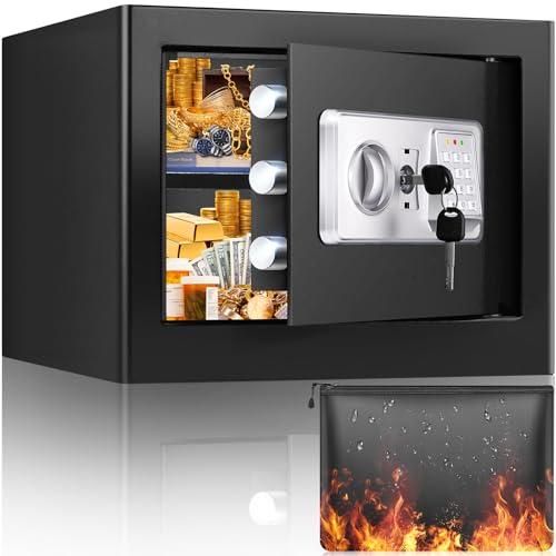 Mejasg Fireproof Safe with Fireproof Money Bag, Small Electric Safe with Removable Shelf and Alarm Mode, Wall Mounted Cash Safe for Jewellery Money Documents Medicines