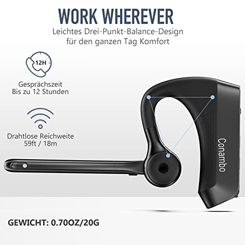 Conambo K21 Bluetooth Headset, V5.1 Bluetooth Headset with Microphone with CVC 8.0 and ENC Noise Cancellation, Headset Bluetooth with Microphone for Driving, Office, Business, Driving, 18 Hours Talk Time