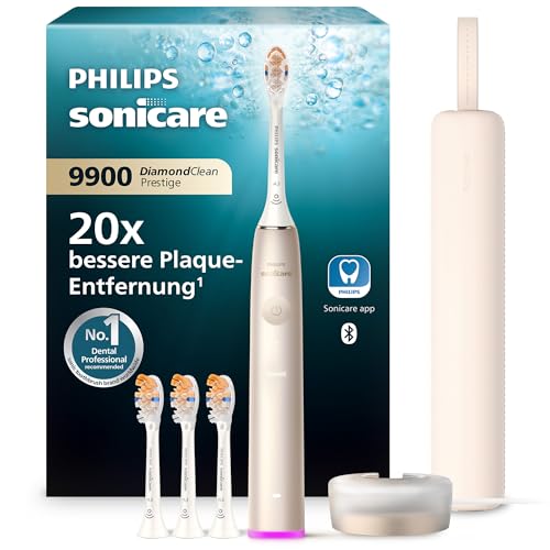 Philips Sonicare DiamondClean 9900 Prestige elektrische Zahnbürste, mit SenseIQ Technologie und App, 5 Putzmodi, 3 Intensitätsstufen, Reiseladeetui, champagner, Modell HX9992/44