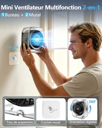 DDKJ Silent Desk Fan 20dB, 100 Adjustable Speeds, 360° Rotation, LED Display, 4000 mAh Battery, 3.5-15 Hour Battery Life, Works Connected, for Wall, Home, Bedroom, Children and Adults