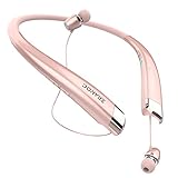 ZEAKOC Bluetooth Headphones Retractable Wireless Headset Neckband Stereo Earbuds Dual In Ear Sweatproof Noise Cancelling Earphones for iPhone Android-Rose Gold