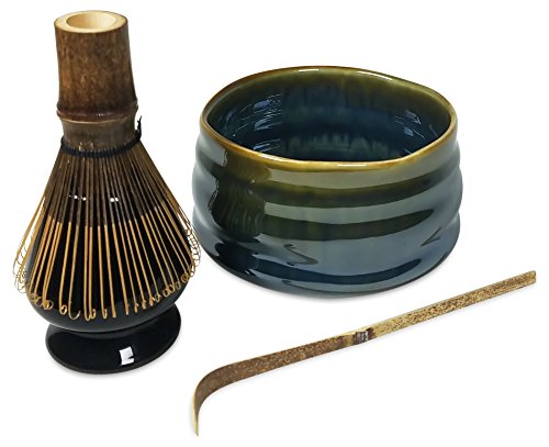 Matcha Tea Set with Matcha Bowl, Whisk and Stand for Traditional Japanese Tea Ceremony or Everyday Use by Princeton Wares. (Earth and Sea)