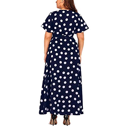 Tantisy ♣↭♣ Plus Size Short Sleeves Wrap V Neck Belted Empire Waist Asymmetrical High Low Bohemian Party Maxi Dress Navy