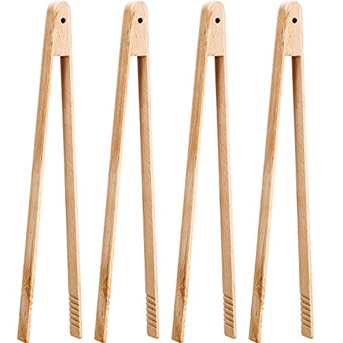 Gejoy 4 Packs 12 Inch Wood Toaster Tongs Kitchen Tongs For Serving Food, Flipping Meat, Grabbing Toast And More