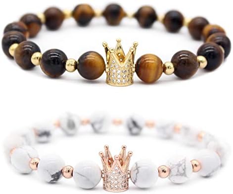 8mm Black Labradorite & White Howlite CZ Her King/His Queen 8mm Beads Couple Bracelet, 7.6"+7.2"