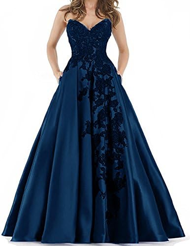 Sweetheart lace Applique Prom Dresses with Pockets Long Satin Evening Party Ball