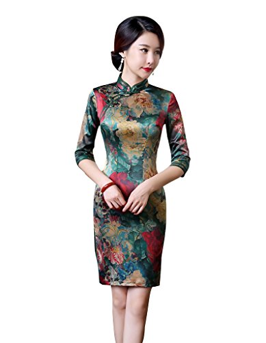 ACVIP Women Green Flower Pattern Chinese Style Dress Mini Cheongsam Slim Fit